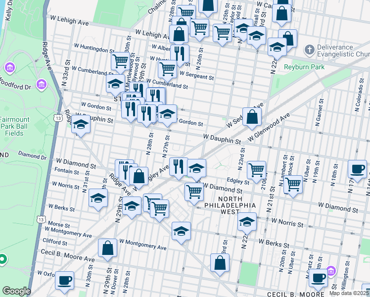map of restaurants, bars, coffee shops, grocery stores, and more near 2201 North 26th Street in Philadelphia