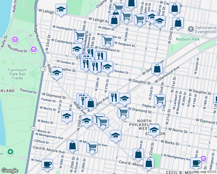 map of restaurants, bars, coffee shops, grocery stores, and more near 2213 North 27th Street in Philadelphia