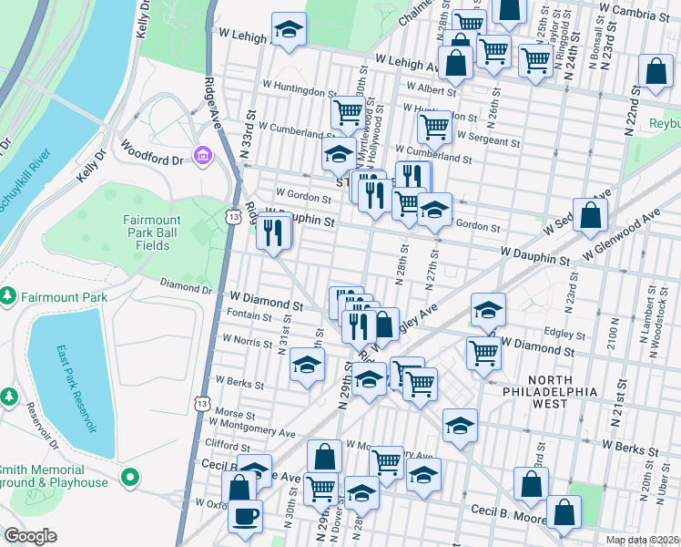 map of restaurants, bars, coffee shops, grocery stores, and more near 2215 North 30th Street in Philadelphia