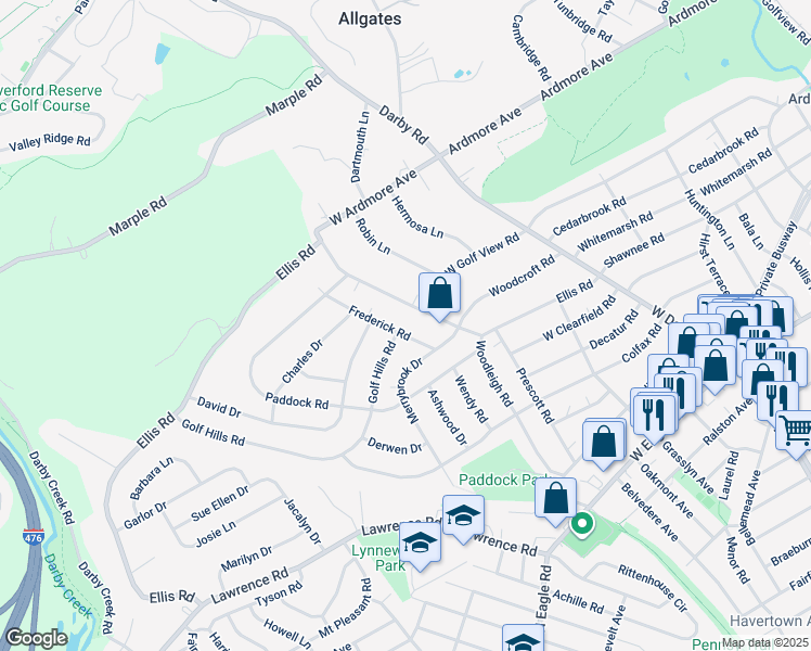 map of restaurants, bars, coffee shops, grocery stores, and more near 224 Frederick Road in Havertown