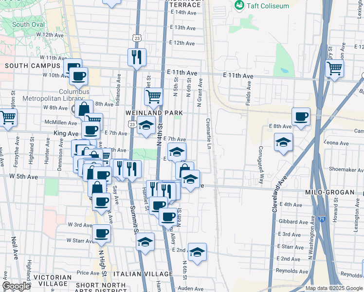 map of restaurants, bars, coffee shops, grocery stores, and more near 1312 North 5th Street in Columbus