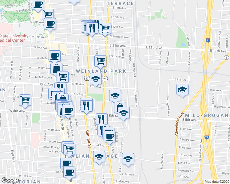 map of restaurants, bars, coffee shops, grocery stores, and more near 1312 North 5th Street in Columbus