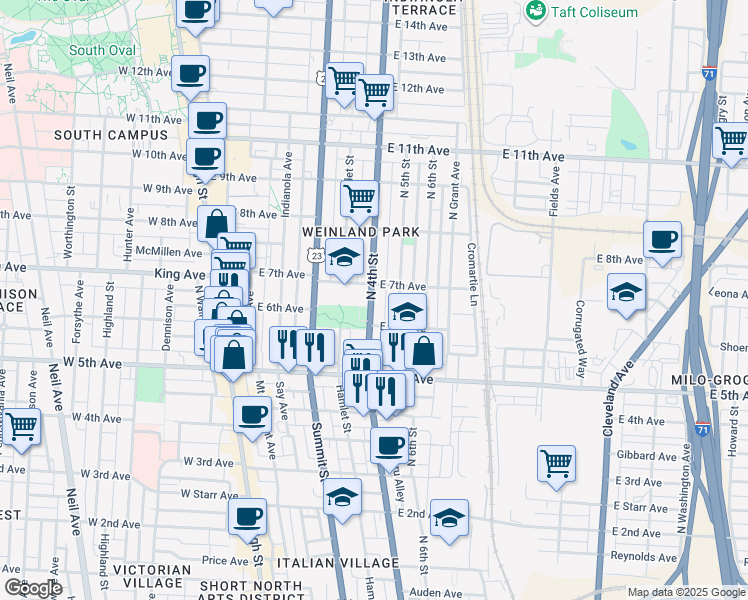 map of restaurants, bars, coffee shops, grocery stores, and more near 238 1/2 East 7th Avenue in Columbus