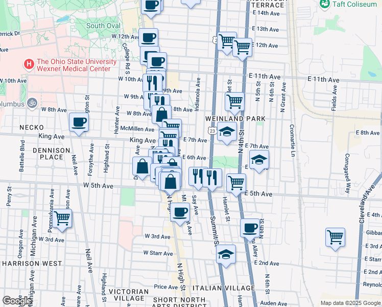 map of restaurants, bars, coffee shops, grocery stores, and more near 77 East 7th Avenue in Columbus