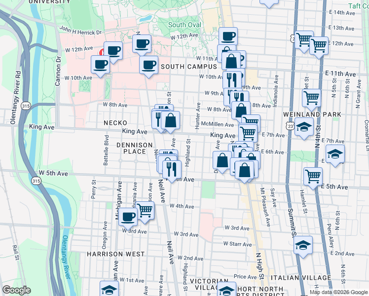 map of restaurants, bars, coffee shops, grocery stores, and more near 191 King Avenue in Columbus