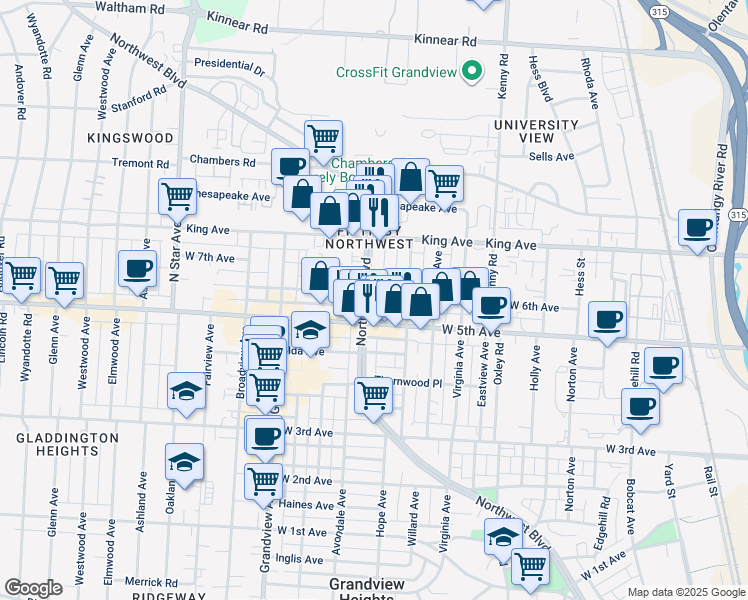 map of restaurants, bars, coffee shops, grocery stores, and more near 1247 West 6th Avenue in Columbus