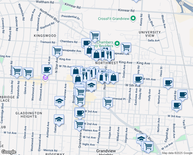 map of restaurants, bars, coffee shops, grocery stores, and more near 1362 West 6th Avenue in Columbus