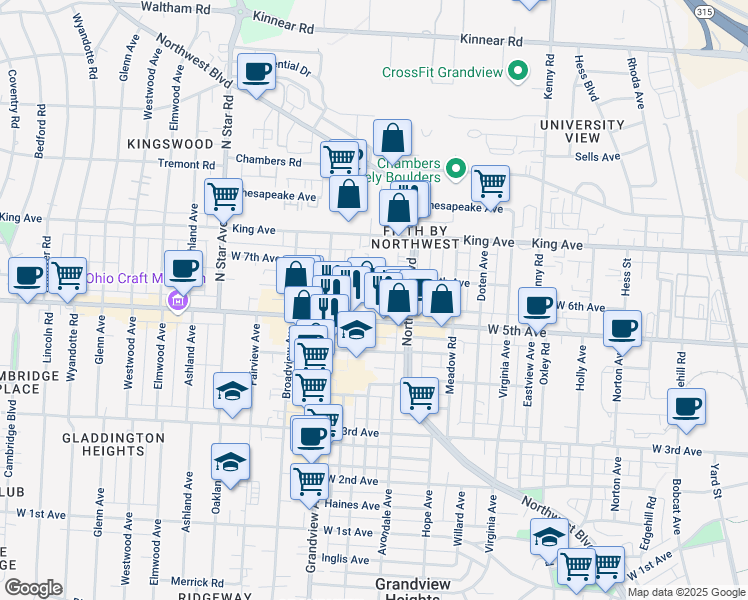 map of restaurants, bars, coffee shops, grocery stores, and more near 1362 West 6th Avenue in Columbus