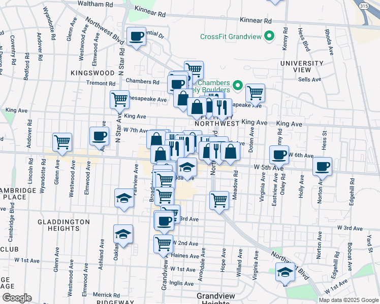 map of restaurants, bars, coffee shops, grocery stores, and more near 1362 West 6th Avenue in Columbus