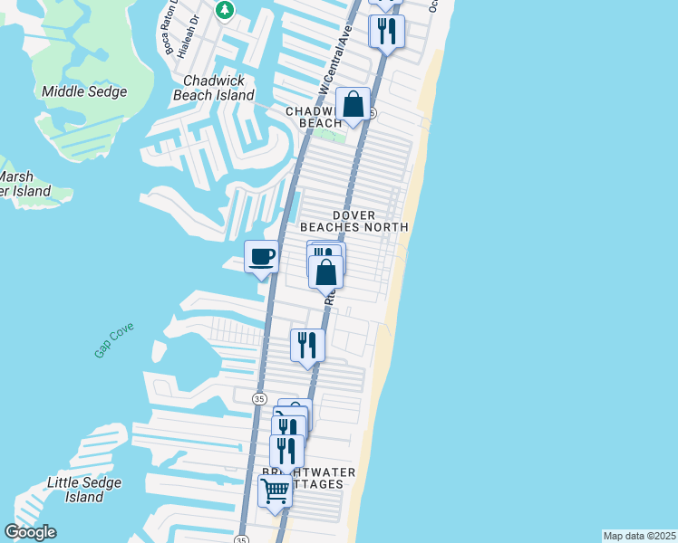 map of restaurants, bars, coffee shops, grocery stores, and more near 20 East Albacore Way in Lavallette