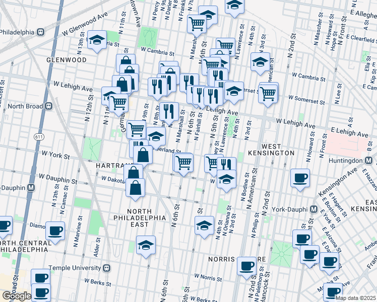 map of restaurants, bars, coffee shops, grocery stores, and more near 2505 North 6th Street in Philadelphia