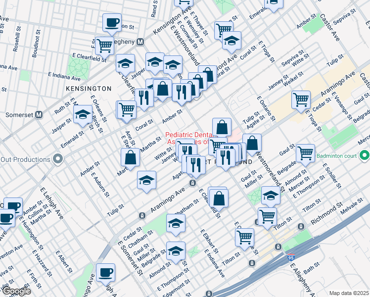 map of restaurants, bars, coffee shops, grocery stores, and more near 3127 Janney Street in Philadelphia