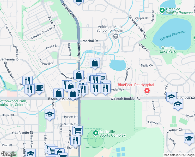map of restaurants, bars, coffee shops, grocery stores, and more near 1855 Plaza Drive in Louisville