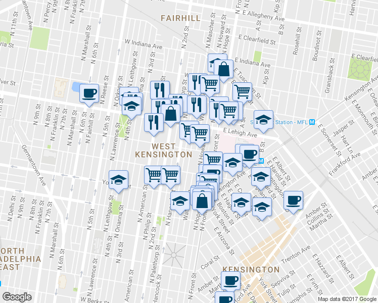 map of restaurants, bars, coffee shops, grocery stores, and more near 158 West Huntingdon Street in Philadelphia
