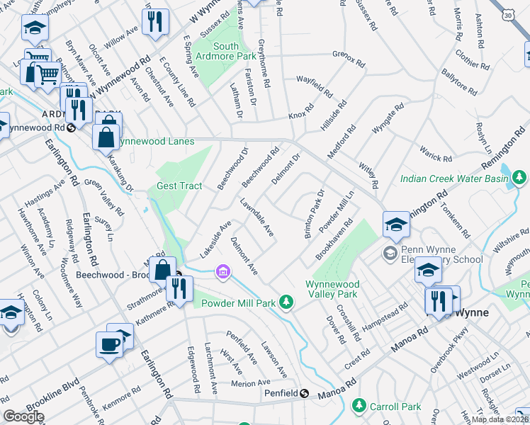 map of restaurants, bars, coffee shops, grocery stores, and more near 530 Twin Oaks Drive in Wynnewood