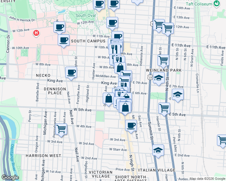 map of restaurants, bars, coffee shops, grocery stores, and more near 29 King Avenue in Columbus