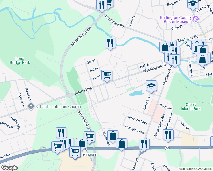 map of restaurants, bars, coffee shops, grocery stores, and more near 353 Washington Street in Mount Holly