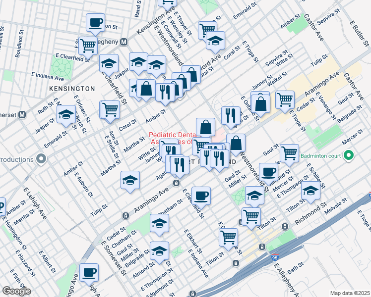map of restaurants, bars, coffee shops, grocery stores, and more near 3176 Tulip Street in Philadelphia
