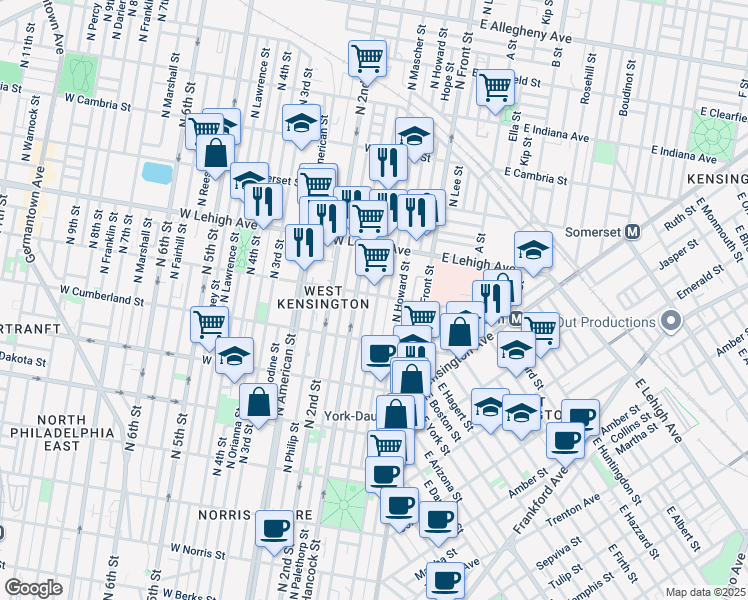 map of restaurants, bars, coffee shops, grocery stores, and more near 158 West Huntingdon Street in Philadelphia