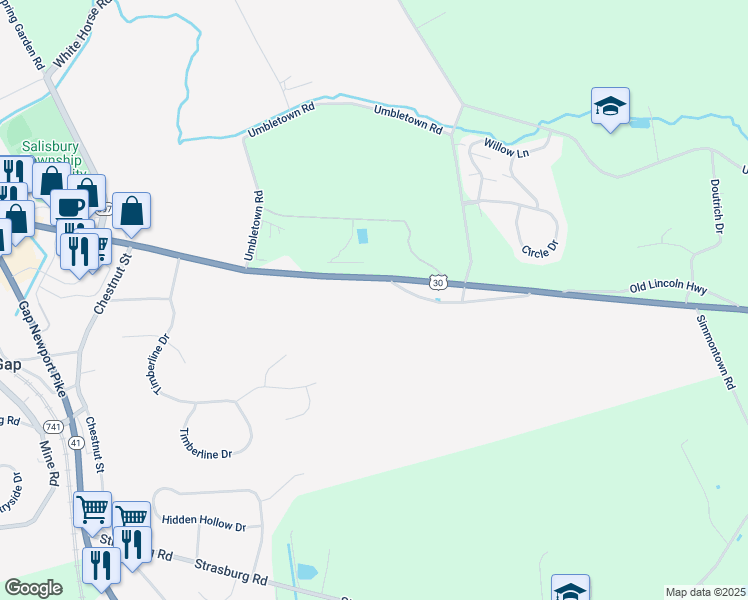 map of restaurants, bars, coffee shops, grocery stores, and more near 5532 Lincoln Highway in Gap