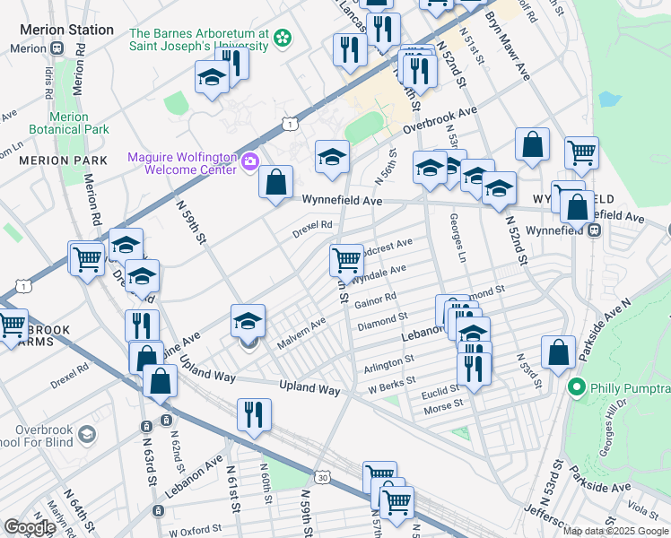 map of restaurants, bars, coffee shops, grocery stores, and more near 5706 Woodcrest Avenue in Philadelphia