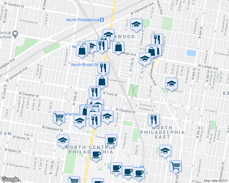 map of restaurants, bars, coffee shops, grocery stores, and more near 2412 North 13th Street in Philadelphia