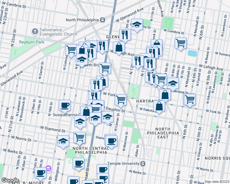 map of restaurants, bars, coffee shops, grocery stores, and more near 2412 North 13th Street in Philadelphia