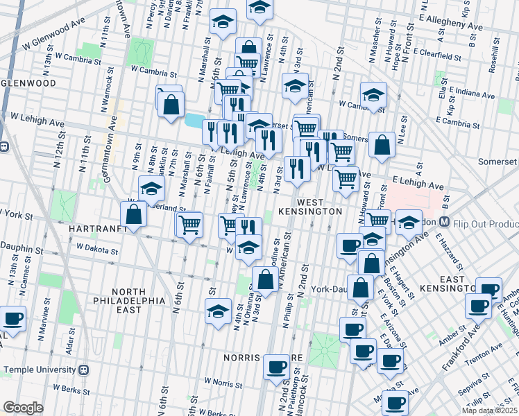 map of restaurants, bars, coffee shops, grocery stores, and more near 2530 North Orianna Street in Philadelphia
