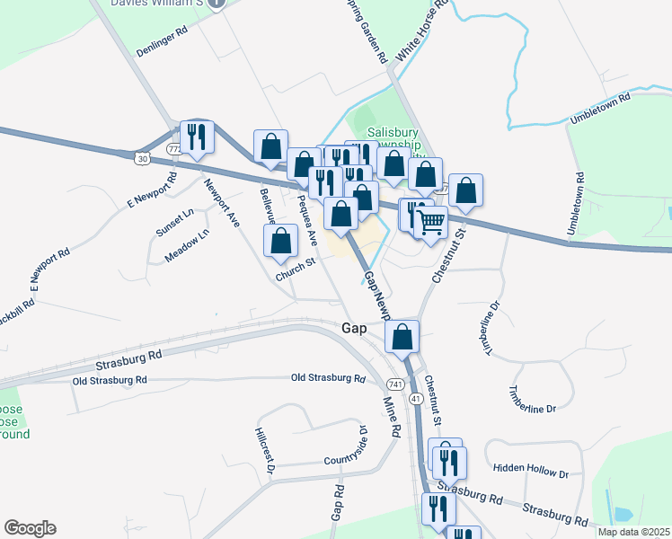 map of restaurants, bars, coffee shops, grocery stores, and more near 803 Pequea Avenue in Gap