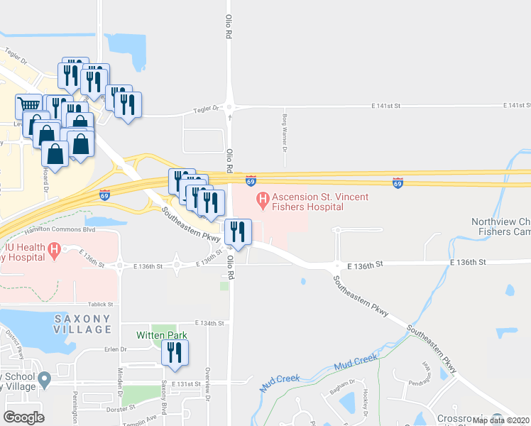 map of restaurants, bars, coffee shops, grocery stores, and more near 13861 Olio Road in Noblesville