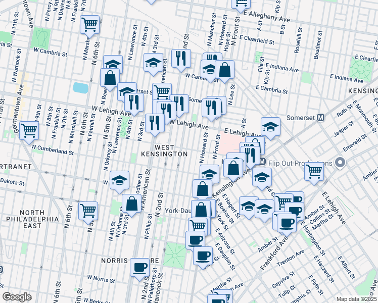 map of restaurants, bars, coffee shops, grocery stores, and more near 162 West Huntingdon Street in Philadelphia
