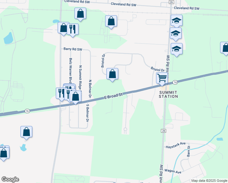 map of restaurants, bars, coffee shops, grocery stores, and more near 14664 East Broad Street in Reynoldsburg