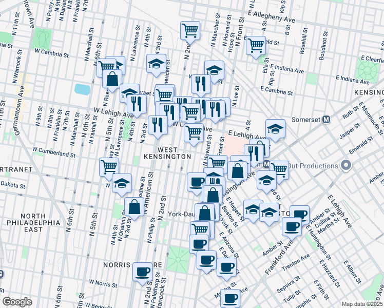 map of restaurants, bars, coffee shops, grocery stores, and more near 162 West Huntingdon Street in Philadelphia