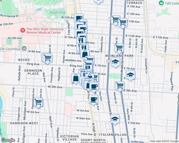 map of restaurants, bars, coffee shops, grocery stores, and more near 1350 North High Street in Columbus