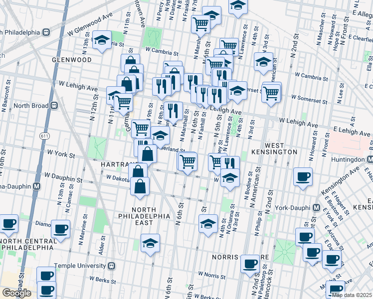 map of restaurants, bars, coffee shops, grocery stores, and more near 609 West Cumberland Street in Philadelphia
