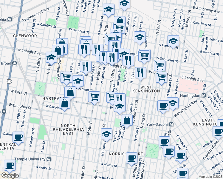 map of restaurants, bars, coffee shops, grocery stores, and more near 2517 North 5th Street in Philadelphia