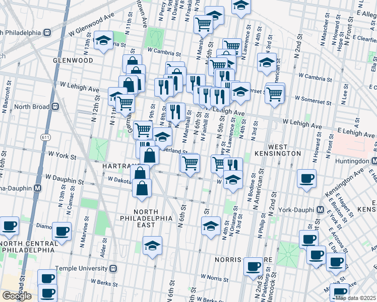 map of restaurants, bars, coffee shops, grocery stores, and more near 609 West Cumberland Street in Philadelphia