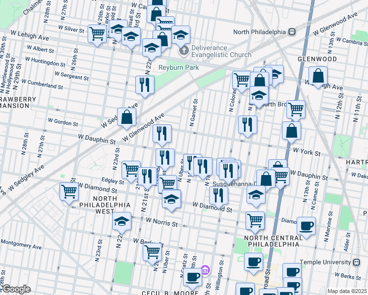 map of restaurants, bars, coffee shops, grocery stores, and more near 2317 North Opal Street in Philadelphia