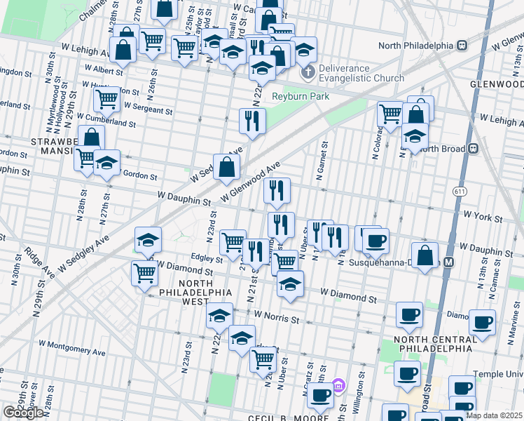 map of restaurants, bars, coffee shops, grocery stores, and more near 2300 North 21st Street in Philadelphia