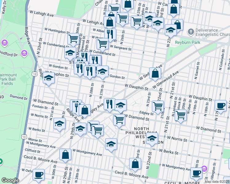 map of restaurants, bars, coffee shops, grocery stores, and more near 2528 West Fletcher Street in Philadelphia