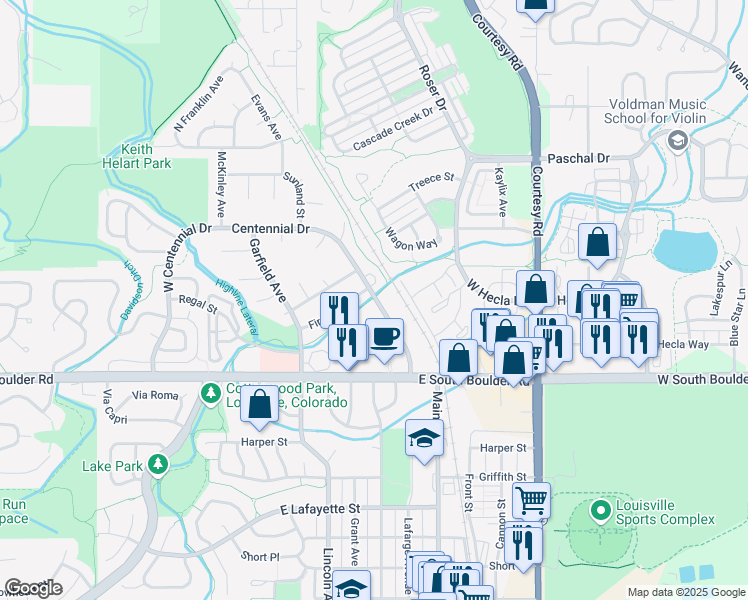 map of restaurants, bars, coffee shops, grocery stores, and more near 1951 Centennial Drive in Louisville