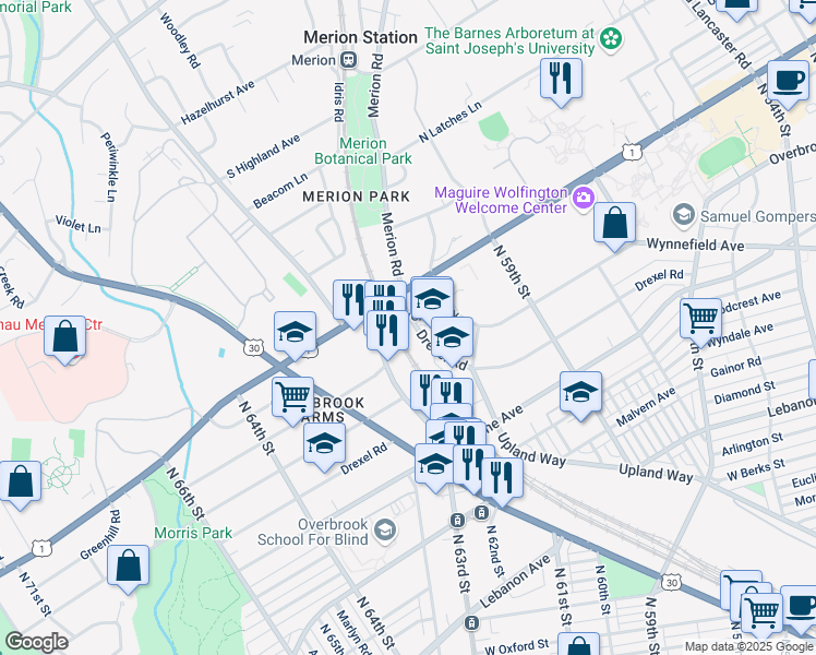 map of restaurants, bars, coffee shops, grocery stores, and more near 6090 Drexel Road in Philadelphia