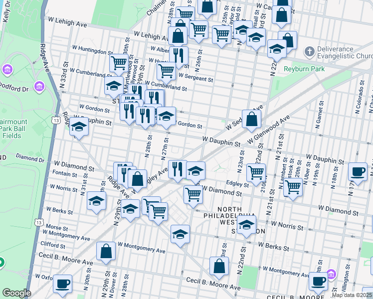 map of restaurants, bars, coffee shops, grocery stores, and more near 2528 West Fletcher Street in Philadelphia