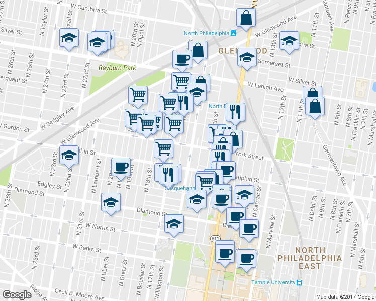 map of restaurants, bars, coffee shops, grocery stores, and more near 2350 North 16th Street in Philadelphia