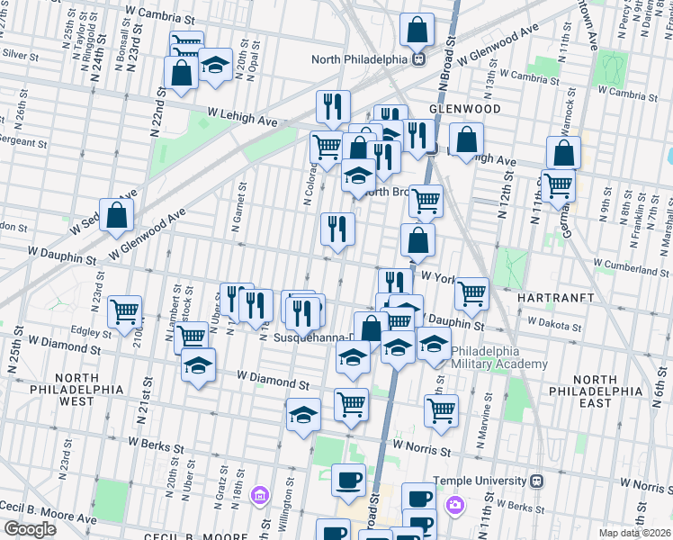 map of restaurants, bars, coffee shops, grocery stores, and more near 2404 North 16th Street in Philadelphia