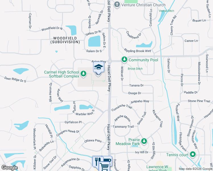 map of restaurants, bars, coffee shops, grocery stores, and more near 13851-13999 Hazel Dell Parkway in Carmel