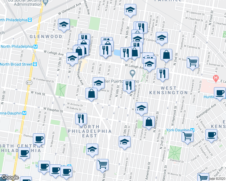 map of restaurants, bars, coffee shops, grocery stores, and more near 619 West Cumberland Street in Philadelphia
