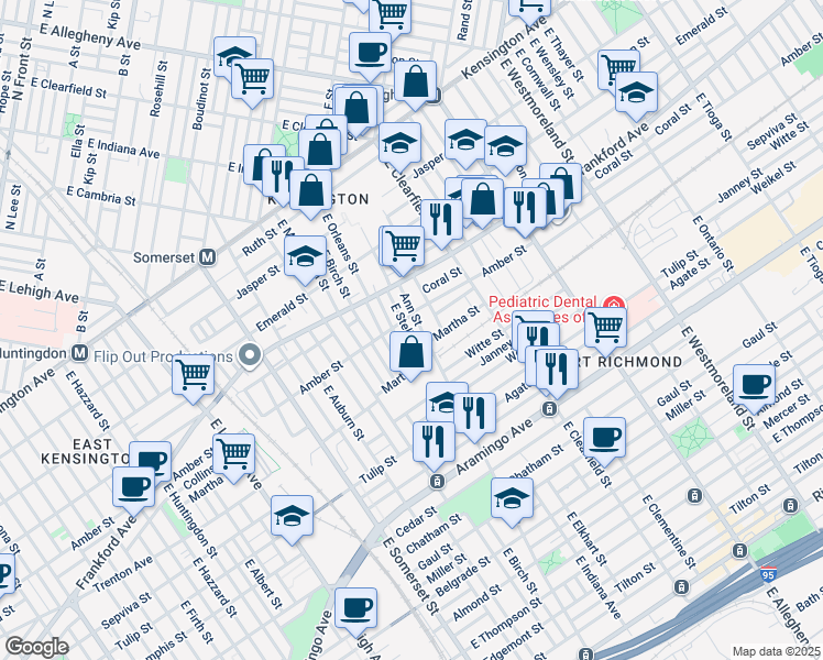 map of restaurants, bars, coffee shops, grocery stores, and more near 2115 East Stella Street in Philadelphia