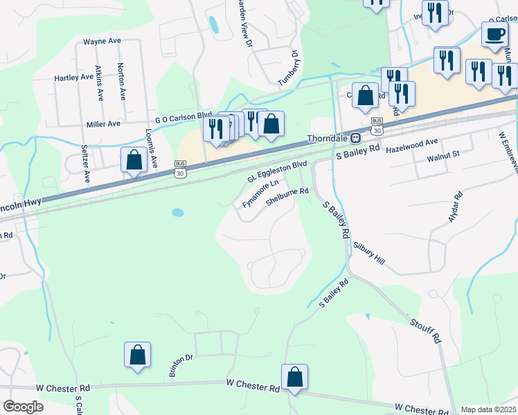 map of restaurants, bars, coffee shops, grocery stores, and more near 2745 Shelburne Road in Downingtown