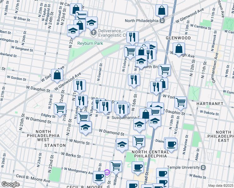 map of restaurants, bars, coffee shops, grocery stores, and more near 2341 North Bouvier Street in Philadelphia